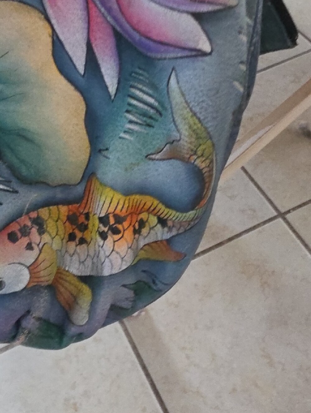 Hand-Painted Blue Floral Lotus Shoulder Bag.KOI FISH - Picture 10 of 13